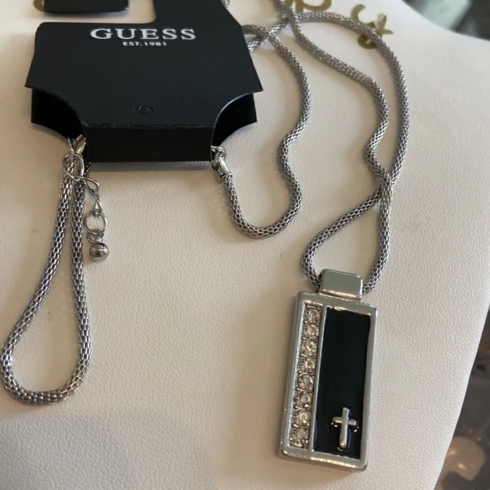 NWT Guess Cross Bling Necklace Color: Black/Silver Dog Tag